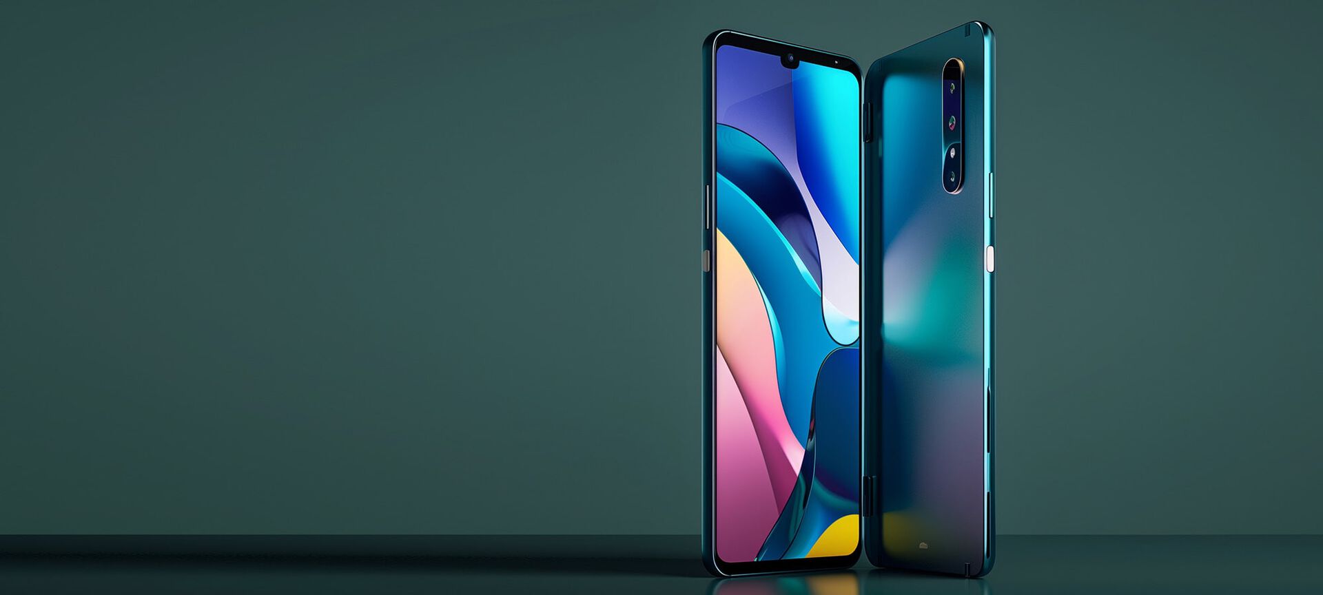 metallic teal smartphone on a teal background